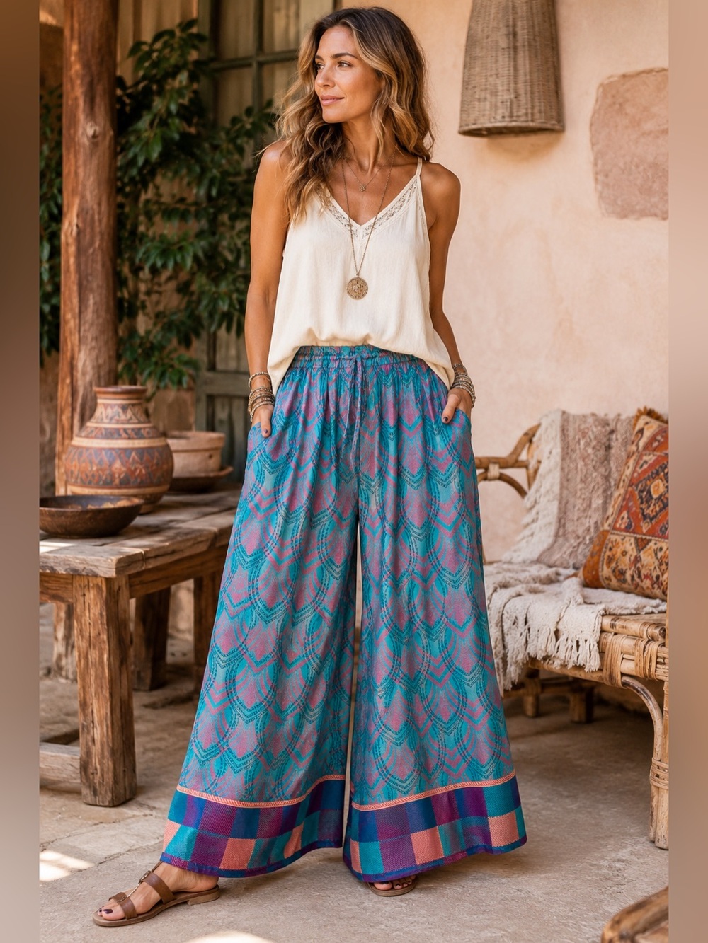 The Black Market Boutique Wide Leg Palazzo Pants | Boho Art Deco Print